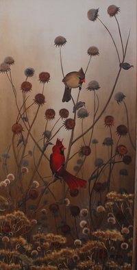 Mike Ross: 'Cardinals', 2012 Oil Painting, Birds.  Cardinals, birds, sunflowers, song birds, browns, 24 X 48 inches, oil paintings, oils, large oils, prints, rolled prints, framed prints, animals, wildlife, wildlife art, landscapes, sunsets, sunrises, fine art, contemporary art, North American art, greeting cards, canvas prints, steel prints, pixels. com, artquid. com fineartamerica. com, affordable prints, soft colors...