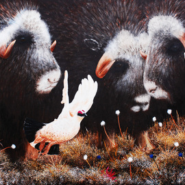 Mike Ross: 'I Am Outta Here', 2014 Oil Painting, Animals. Artist Description:  A group of musk ox come upon a rock ptarmigan who has decide to peel out of this situation. Oil on Canvas.Key Words:Musk ox, rock ptarmigan, ptarmigan,  Nome, Alaska, big game, cotton grass, raindeer moss, blue berries, dark browns, oil paintings, oils, large oils, prints, rolled ...