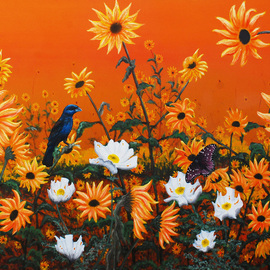 Mike Ross: 'Sunflowers and Pickly poppies', 2014 Oil Painting, Birds. Artist Description:  Birds, song birds, sunflowers, prickly poppies, weeds, insects, butterflies, blue grosbeak, queen butterfly, yellows, ochre, indigo, blues, oil paintings, oils, large oils, prints, rolled prints, framed prints, animals, wildlife, wildlife art, landscapes, sunsets, sunrises, fine art, contemporary art, North American art, greeting cards, canvas prints, steel prints, pixels. ...
