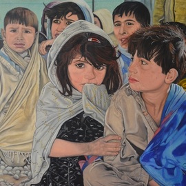 Marius Ghita: 'Refugee camp', 2018 Tempera Painting, Children. Artist Description: The painting is enhanced in water colors on canvas cotton and coated with two layers of varnish.  Mounted on stretcher frame. ...