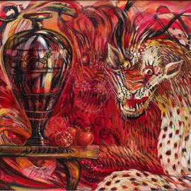 Rafal Mruszczak: 'panther of dionysus', 2017 Oil Painting, Mythology. Artist Description:  Keywords: panther, red, terrifying, vase, cheetah, feline, fruits, leopard, mythology ...