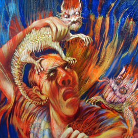 Rafal Mruszczak: 'pesky chameleons', 2017 Oil Painting, Expressionism. Artist Description: Keywords: blue, chameleon, anger, animals, fear, grim, irritation, man, orange ...