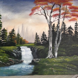 Mousmi Jain: 'Waterfall in evening', 2014 Oil Painting, nature. Artist Description:   Natural Beauty - Group of Trees and a waterfall in evening( this work is done on Canvas board and picture taken by iPhone 5 and no editing.   ...