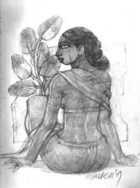 Saeed Kureshi  'Squatting Woman', created in 2011, Original Drawing Pen.