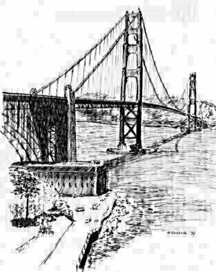 Michael Garr: 'Golden Gate', 1997 Pen Drawing, Architecture.  Done on a cross country irline flight from Seatle to Boston ...