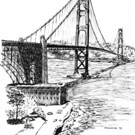 Michael Garr: 'Golden Gate', 1997 Pen Drawing, Architecture. Artist Description: This ink drawing was done on a plane a non- stop from Seattle to Boston, returning from a conference at Univ Wash.  I have always been struck by the sheer beauty of this bridge...