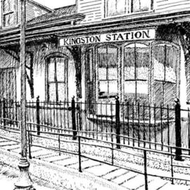 Michael Garr: 'Kingston Station', 2003 Pen Drawing, Architecture. Artist Description: This is the restored old train station in our village.  The Acela goes through here at 130 mihr, and some of the amtrak trains even stop.  My cousin Theressa took a great photo of the station when she came to visit me, and I immortalized the photo with ...