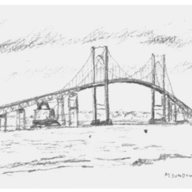 Michael Garr: 'Newport Bridge', 2001 Pencil Drawing, Marine. Artist Description:  Plein Air, and a cold one ...