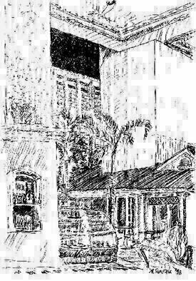 Michael Garr: 'The Tapa Bar', 1998 Pen Drawing, Architecture. Sitting at the Hilton Hawaiian Village enjoying a beer.  Nice heights.  A quick ink sketch...