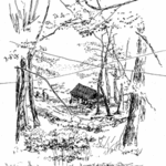 Michael Garr: 'View from the clubhouse', 2003 Pen Drawing, Landscape. This was my first sketch as Michael Garr.  Done right after the view towards the lake was changed by a fallen tree the night before.  The view is astonishing in its depth.  The lake beckons from below.Original available for 100...
