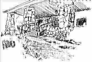 Michael Garr: 'clubhouse porch', 2005 Pen Drawing, Architecture. A short sketch of the clubhouse steps on a short visit to camp this summer...