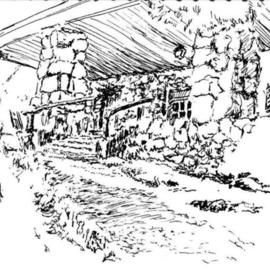 Michael Garr: 'clubhouse porch', 2005 Pen Drawing, Architecture. Artist Description: A short sketch of the clubhouse steps on a short visit to camp this summer...