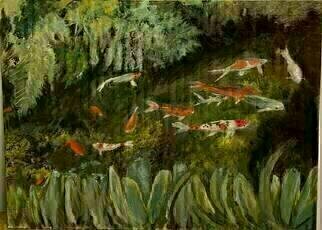 Michael Garr: 'the koi pond', 2022 Oil Painting, Fish. Roger Williams Park Botanical Center Koi Pond, ...