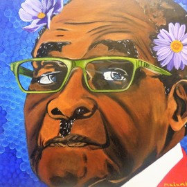 Mulumba Tshikuka: 'robert mugabe', 2017 Acrylic Painting, Portrait. Artist Description: President of Zimbabwe, dictator, flowers...