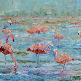 Alexandra Chebysheva: 'Flamingo', 2015 Oil Painting, Animals. Artist Description:  Flamingo, pink, birds, pond, animals, interior, abstract, decorative, contemporary, modern art, ...