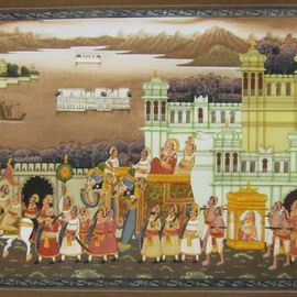 Mayank Salvi: 'ROYAL PROCESSION', 2015 Other Painting, History. Artist Description:  THIS PAINTING DEPICTS THE SCENE OF HINDU KING COMING TO HIS PALACE WITH HIS QUEEN AFTER GETTING MARRIED. NATURAL COLOR EXTRACTED OUT OF FLOWER AND STONE HAS BEEN USED AS WELL AS REAL GOLD IS USED IN MAKING OF THIS PAINTING. ...