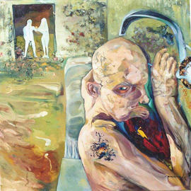 Nicolas Tcherno Ivanenko: 'Engage', 2002 Oil Painting, Communication. Artist Description: The Engagement -  started to paint myself from a picture taken on the beach, on a very hot day, then  while I was working I turned the canvas this way, trying to paint a new environnement. . . different feelings about freedom, the christianism, music . . . but the engagement ( ! ? )...