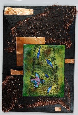Nayna Shriyan: 'Netted Leaves', 2008 Vitreous Enameling, Representational.  This piece is an interpretation of lazy childhood days spent hanging around the village well watching dried leaves, flowers and other debris collect on the net stretched across the well. ...