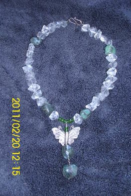 Mercedes Morgana Reyes: 'Psyche', 2011 Jewelry, Ethereal.   this piece has rock crystal from Maine, raw emeralds fluorite and peridot, also has a handmade sterling butterfly    ...
