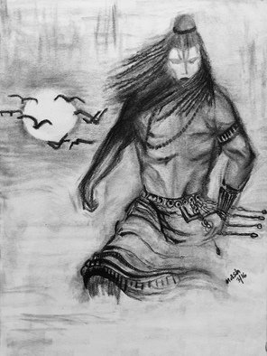 Neetasha Joshi: 'Rudra Shiva', 2016 Charcoal Drawing, Mythology.  Rudra ( / E^rESdrEtm/ ; Sanskrit: a$?degaY=a$?|aY=a$?deg) is a Rigvedic deity, associated with wind or storm, and the hunt. The name has been translated as 