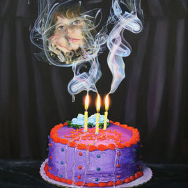 Richard Barone: 'august 9 2008', 2011 Oil Painting, Portrait. Artist Description: Happy Birthday, Caylee. c2011.Backdrop: judge s robeSmoke: swirls into scrolls- - diplomas and certificates- - she never got.Candles: third birthday she never saw.Table Cloth: black trash bag- - her coffin. ...