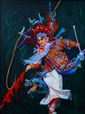 Richard Barone: 'dan chinese opera', 2017 Oil Painting, World Culture. Dan is the general name for female roles in Chinese opera, often referring to leading roles. They may be played by either actors or actresses.Exaggerated paints on opera performer s face which ancient warriors decorated themselves to scare the enemy are used in the opera  each color has a ...