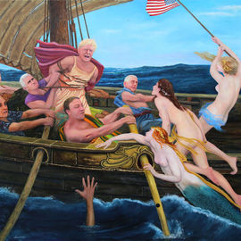 Richard Barone: 'uss donald trump', 2018 Oil Painting, Political. Artist Description: President Donald Trump as Ulysses braves the song of the Sirens, while Vice President Mike Pence ties Trump to the mast, and Secretary of State Mike Pompeo, Trump s attorney Rudy Giuliani, Secretary of Defense Jim Mattis, and Supreme Court Judge Neil Gorsuch with ears plugged so they ...
