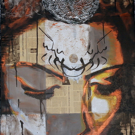 Niaz Hekmat: 'Meditation', 2015 Mixed Media, Visionary. Artist Description:  Mix Media, 100 x 70 cm, Jan 2015A girl looks within in deep meditation. A collage, with rusty copper colors, and newspapers symbolising the daily material life. The words look within in persian, are mirrored on her forehead. 