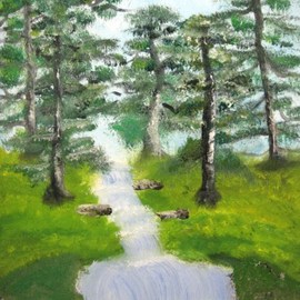 Nicole Pereira: 'Streaming River', 2010 Oil Painting, Landscape. Artist Description:  Landscape, river, trees, forest, waterfall     ...