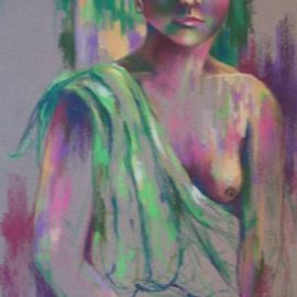 Nicole M. Mathieu: 'Woman with the green drapery', 2004 Pastel, Portrait. Artist Description: portrait with soft pastel on grey canson paper paris france                      ...