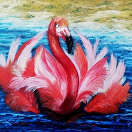 Iryna Fedarava: 'flamingo at dawn', 2013 Oil Painting, Birds. Artist Description: Pink flamingo on the waves.  We hear the light sound of the surf and see this magnificent big bird.  This flamingo is so beautiful and graceful.  It s a pleasure to watch these amazing birds. ...