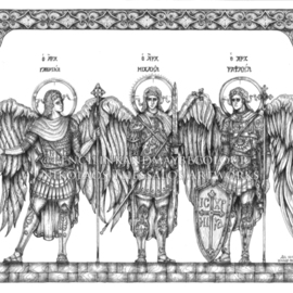 Nikolaos Thessalos: 'synaksis of the archangels', 2018 Ink Drawing, Religious. Artist Description: A religious inspired artwork, depicting the three Archangels Gabriel, Michael and Raphael. The style is deeply influenced by Byzantine iconic and Western renaissance art. Ink on paper.  ...