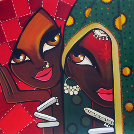 Niloufer Wadia: 'Friends', 2012 Acrylic Painting, Figurative. Artist Description:  2 tribal women laughing together. Bright veils add to the graphic shapes in this art      ...