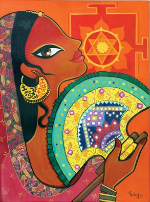 Niloufer Wadia: 'Heat 2', 2015 Acrylic Painting, Figurative.  An exotic woman from India, in the sweltering heat, fanning herself with a typical embroidered Gujarati fan. Surya - the sun god, Yantra in the background ...
