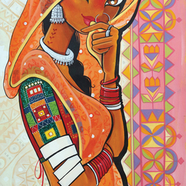 Niloufer Wadia: 'MOHINI The Enchantress', 2015 Acrylic Painting, Figurative. Artist Description:  A beautiful tribal woman from India, peeking from her veil....