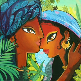 Niloufer Wadia: 'RENDEZVOUS', 2015 Acrylic Painting, Figurative. Artist Description:  A couple meeting amongst rich foliage. Ethnic India. Pop art. ...