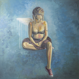 Natia Khmaladze: 'Broken Promise AKA Crime Scene', 2014 Oil Painting, Portrait. Artist Description:  girl with a broken wing melancholy female woman with a skirt promise crime angel blue sky converse impressionism oil on canvas  ...