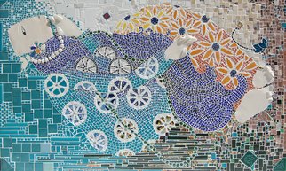 Nora Cervino: 'FLoating', 2008 Mosaic, Inspirational.   CERAMICS, MARBLE, PORCELAIN, RECYCLED MATERIALS AND BEADS This piece can be used as fountain, inside or outside. Water resistant, ideal for gardens, patios. see more details: www. mosaicosnora. blogspot. com ...