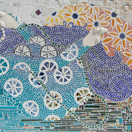 Nora Cervino: 'FLoating', 2008 Mosaic, Inspirational. Artist Description:   CERAMICS, MARBLE, PORCELAIN, RECYCLED MATERIALS AND BEADS This piece can be used as fountain, inside or outside. Water resistant, ideal for gardens, patios. see more details: www. mosaicosnora. blogspot. com ...