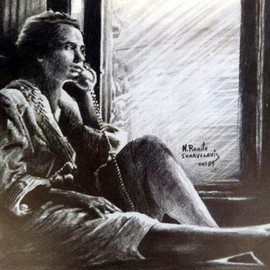 Nick Skarvelakis: 'accompanied with phone', 1989 Pencil Drawing, Communication. Artist Description: A Woman in a relaxed state during a phone conversation.  An amazing pencil drawing that features a scene where communication and the window view inspire the womanaEURtms contact. ...