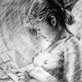 Nick Skarvelakis: 'reading on the beach', 1988 Pencil Drawing, Beach. Artist Description: Woman reading on the beach after swimming. ...