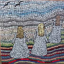 Natalija Zabav: 'faries', 2015 Mosaic, Fantasy. Artist Description: Picture of Fairies is made of very small pieces of ceramic tiles and italian smalti. Hair is made of gold.Representing aging - age women give silver hair, fairy they get golden hair.Therefore bear two fairies golden hair - they ve already earned. Namely - with age comes the wisdom, ...