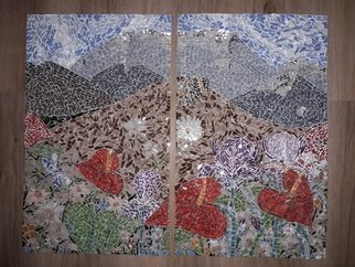 Natalija Zabav: 'for the seven mountains', 2018 Mosaic, Landscape. This picture is made up of two parts. Together, they make up one.It is called  For seven mountains .It shows the flowers enriched with landscape and in the distance of the hills and mountainsMeasurements : 48 cm x30 cm each   - together - 48 x 60 cmmeasurements : 18,7 inch ...