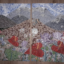 Natalija Zabav: 'for the seven mountains', 2018 Mosaic, Landscape. Artist Description: This picture is made up of two parts. Together, they make up one.It is called  For seven mountains .It shows the flowers enriched with landscape and in the distance of the hills and mountainsMeasurements : 48 cm x30 cm each   - together - 48 x 60 cmmeasurements : 18, ...