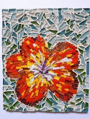 Natalija Zabav: 'hybiscus', 2017 Mosaic, Floral. This small Picture is made of very small pieces of mosaic glass and italian smalti in orange, yellow, green, blue white and pink.Not framed, ready to hang on the wallSize - 15cm x18 cmDuring the process of creation, I was interested in how to catch the depth. I ...