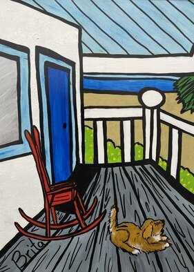 Brita Ferm: 'Porch Puppy', 2005 Acrylic Painting, Animals. Key WestSan JuanOcean BeachThis wide vA(c)randa and golden retriever could be anyplace thereaEURtms sand and water.  Acrylic on Masonite...