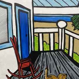 Brita Ferm: 'Porch Puppy', 2005 Acrylic Painting, Animals. Artist Description: Key WestSan JuanOcean BeachThis wide vA(c)randa and golden retriever could be anyplace thereaEURtms sand and water.  Acrylic on Masonite...