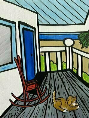 Brita Ferm: 'Porch Puppy', 2015 Acrylic Painting, Beach. My love of Golden Retrievers goes back to my first Guide Dog, Rooney.  He loved being out on the deck, king of all he surveyed.  Acrylic on Masonite...