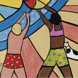 Brita Ferm: 'beachball game', 2000 Acrylic Painting, Beach. Artist Description: Beachballs and kids playing with them are ubitquutous on Oc a Beach.  ThereaEURtms inspiration everywhereAcrylic on Masonite ...