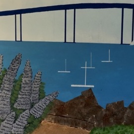 Brita Ferm: 'coronado bridge', 2016 Acrylic Painting, Beach. Artist Description: ThereaEURtms a community of sailors who live on the Coronado side, in the shadow of the bridge.  Acrylic on Masonite...